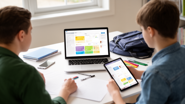 Parent et adolescent consultant un portail scolaire numérique sur ordinateur pour suivre notes, devoirs et messages