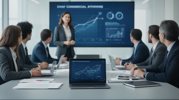 Dirigeant commercial en réunion stratégique avec ses équipes devant des graphiques de croissance sans texte.