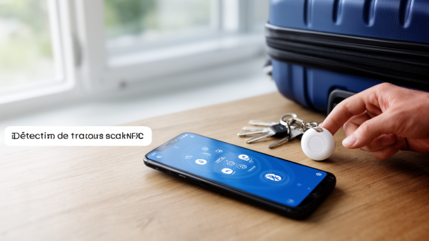 Smartphone Android détectant un petit traceur Bluetooth rond près de clés et d’un sac de voyage.