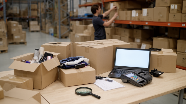 Grossiste colis perdus avec colis à vérifier dans un entrepôt logistique avant achat