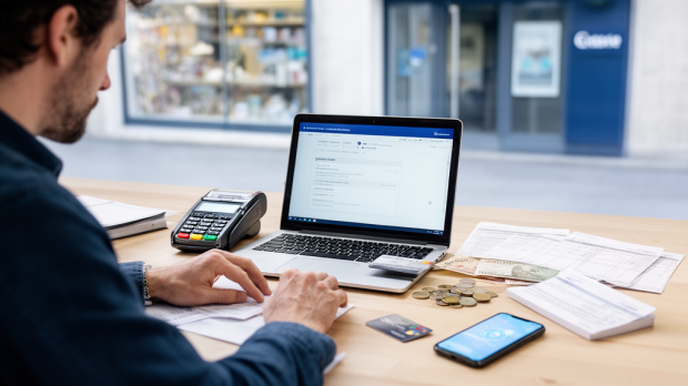 Entrepreneur comparant les frais et services d’un compte bancaire professionnel avec carte, TPE, ordinateur et calculatrice