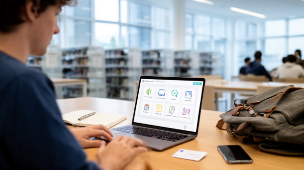 Étudiant consultant un portail numérique universitaire sur ordinateur dans une bibliothèque moderne
