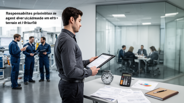Agent de maîtrise supervisant une équipe tout en consultant un contrat et des éléments liés au salaire et au temps de travail.