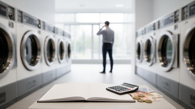 Intérieur réaliste d’une laverie automatique moderne avec machines professionnelles et éléments financiers évoquant le budget et la rentabilité