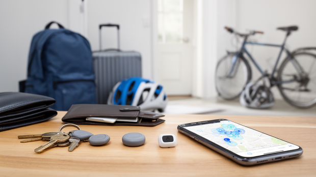 Trackers connectés Bluetooth et GPS posés avec des clés, un portefeuille, une valise, un vélo et un smartphone affichant une carte de localisation.