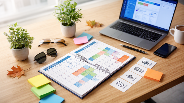Calendrier éditorial 2025 avec ordinateur, agenda et éléments de planification pour organiser des contenus marketing autour des marronniers