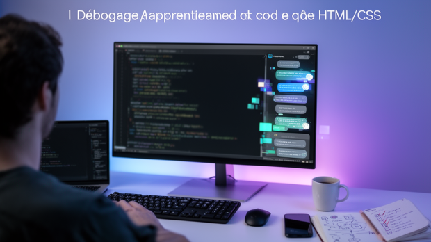 Développeur utilisant un assistant IA pour générer et corriger du code sur un poste de travail moderne
