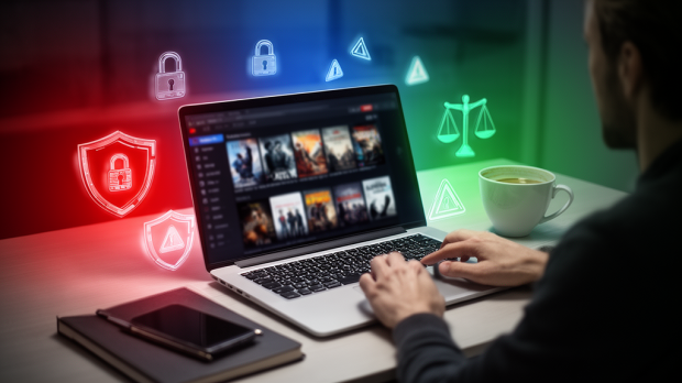 Personne devant un ordinateur affichant un site de streaming générique avec des symboles de sécurité, de risque et de légalité.