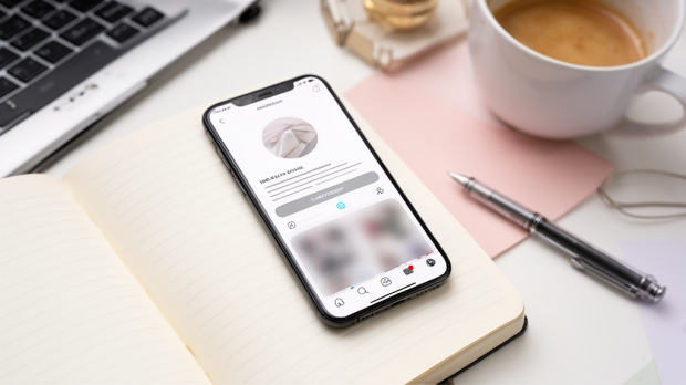 Smartphone affichant un profil de réseau social sans texte, avec un carnet et un ordinateur pour préparer une biographie Instagram stylée.