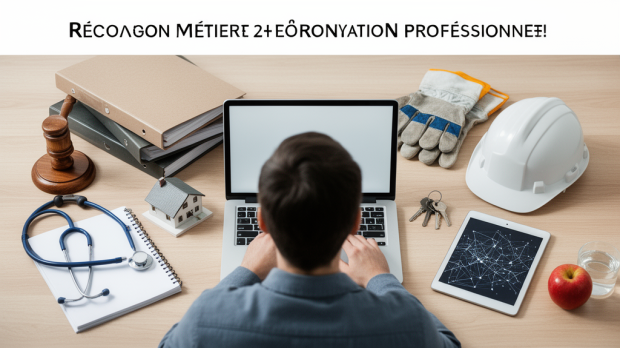 Bureau d’orientation professionnelle avec objets symbolisant plusieurs métiers en N comme la santé, le droit, l’immobilier, les services et le numérique