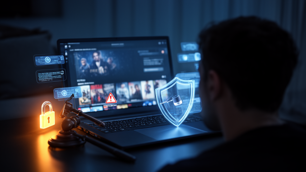 Ordinateur portable affichant une plateforme de streaming générique avec symboles de cybersécurité et de risques juridiques