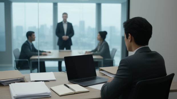 Salarié calme préparant des preuves écrites pour déstabiliser son chef avec tact dans un bureau professionnel