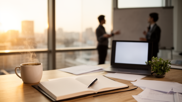 Bureau lumineux du lundi matin avec café, carnet vierge et ordinateur, symbolisant la motivation et le nouveau départ de la semaine