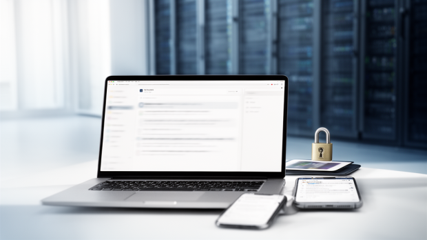 Espace de travail professionnel avec messagerie web synchronisée sur ordinateur, smartphone et tablette.