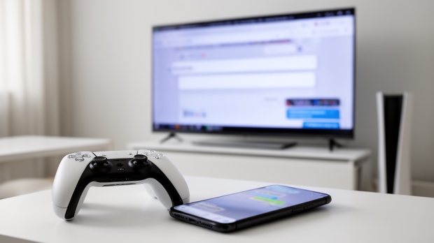 Console PS5 avec manette et smartphone illustrant l’accès au navigateur internet caché via un lien envoyé en message