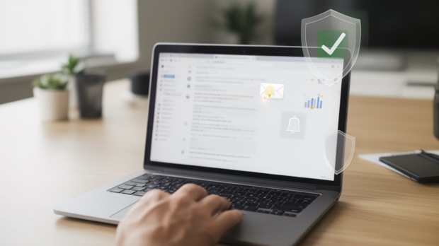 Ordinateur portable affichant une messagerie avec des symboles de suivi de lecture d’e-mail et de confidentialité