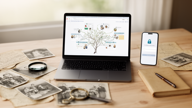 Ordinateur portable affichant un arbre généalogique numérique avec documents d’archives, smartphone et cadenas symbolisant l’accès sécurisé à un compte Geneanet.