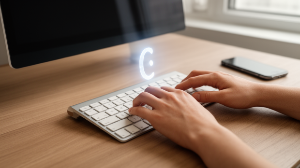 Mains tapant sur un clavier avec un symbole ç lumineux, illustrant la saisie du c cédille sur ordinateur et mobile.