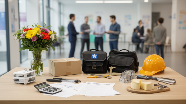 Objets représentant plusieurs métiers en F comme fleuriste, facteur, frigoriste, fiscaliste, façadier, fromager et fraiseur dans un espace d’orientation professionnelle