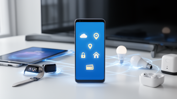 Smartphone entouré d’appareils connectés illustrant la synchronisation, la sécurité et les services d’un compte Samsung