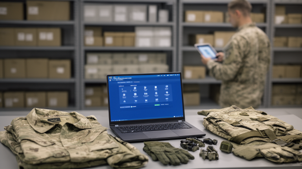 Ordinateur affichant une plateforme numérique de gestion d’habillement militaire avec uniformes et équipements réglementaires rangés sur un bureau logistique.