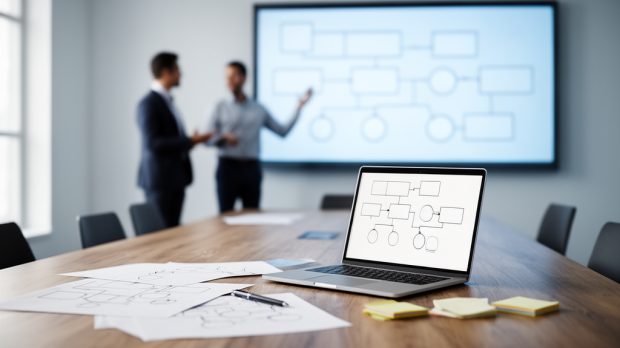 Professionnels concevant un modèle conceptuel des données sur un tableau blanc avec des entités et relations sans texte