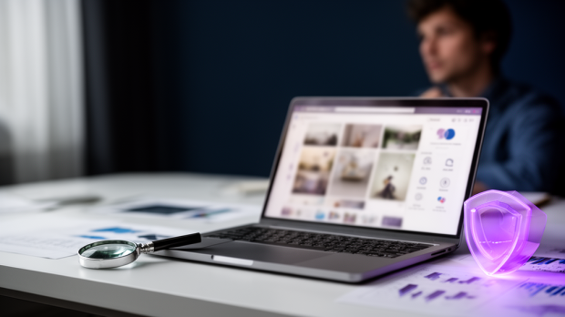 Bureau moderne avec ordinateur affichant une grille de contenus sociaux génériques, loupe et symbole de confidentialité pour illustrer la veille Instagram anonyme.