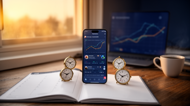 Smartphone avec statistiques de réseau social et horloges pour choisir l’heure de publication TikTok le dimanche